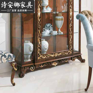 European Style Restaurant Furniture Luxury Villa Decorative Cabinet Neoclassical Solid Wood Carved Four-Door Wine Cabinet