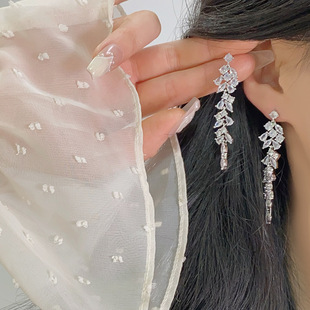 A911 Long Leaf Tassel Slimming Zircon Earrings Ear Clip Without Ear Holes Ear Clip Elegant Ear Studs for Women