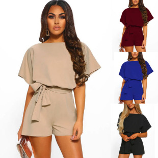 ebay AliExpress Amazon summer hot shorts fashion solid color belt short sleeve jumpsuit
