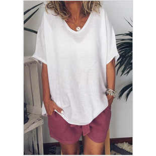 Foreign Trade Women's Clothing European and American Style 2025 Spring and Summer New All-match Solid Color Loose Short-sleeved Casual Top Cotton and Linen T-shirt