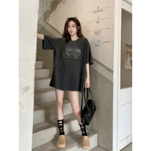 American Retro Shoulder Short-sleeved T-shirt Women's Spring 2023 New Printed Washed Distressed Loose Mid-length Top
