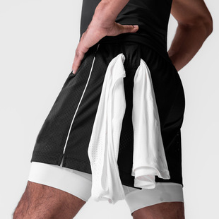 Summer American Sports Casual Double Shorts Men's Solid Color Zipper Pocket Fitness Training Quick-drying Basketball Shorts