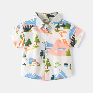 Children's shirt 2024 summer boys full print short sleeve shirt baby casual cartoon shirt tide children's clothing wholesale
