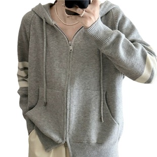Striped Hooded Long-sleeved Sweater Cardigan Korean-style Loose Zipper Sweater Jacket Elegant Casual Outerwear Knitwear Women