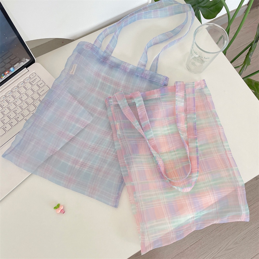65101 Light Purple Plaid Organza Shoulder Bag, Semi-Sheer Gauze Material, Artistic Style, Suitable for Commuting or School, Large Capacity Bag