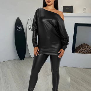 F1799 Amazon cross-border European and American autumn and winter New black off-neck leather clothing fashion tight trousers suit