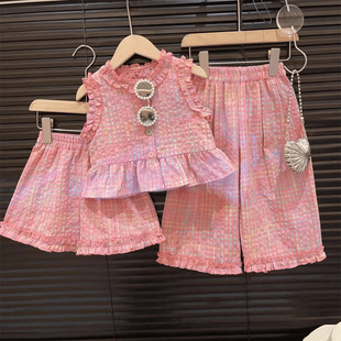 Girls' Summer Lace Contrast Plaid Vest Wide Leg Pants Western-style Two-piece Summer Two-piece 55297