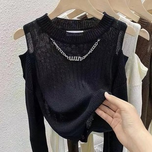 French Off-Shoulder Round Neck Knitted 2024 Autum New Design Niche Chic Pure Color Cut Out Top Mercerized