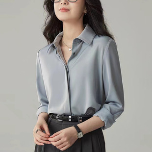 Sakura Powder Satin Shirt 2024 Autumn New Women's Professional Dress Long Sleeve Top High Sense Interview Shirt