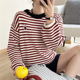 Embroidered Puppy Striped Color Blanket Sweater Women's Loose 2024 Autumn and Winter New Style Round Neck Knitted Base Shirt Top Trendy