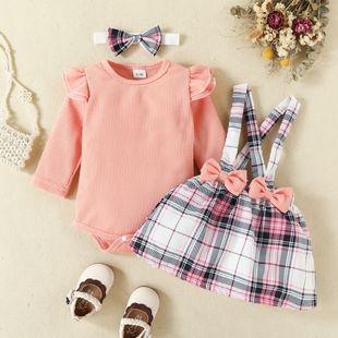 Foreign Trade Baby Pit Strip Long-sleeved Triangle Hassel Jumpsuit Bow Strap Skirt European and American Plant Flower Dress