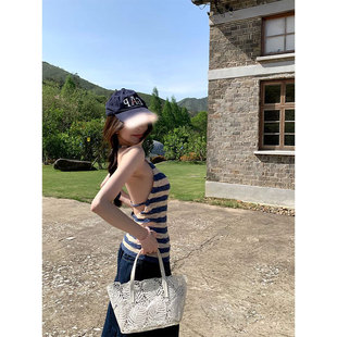 Titi's Little Sister [Haiyan Cool Wind] Camisole Summer Ice Silk Backless Stripe Neck Slim Thin Top