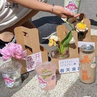 Cross-border explosive coffee portable flower box kraft paper cup holder flower milk tea splicing portable flower box source supply