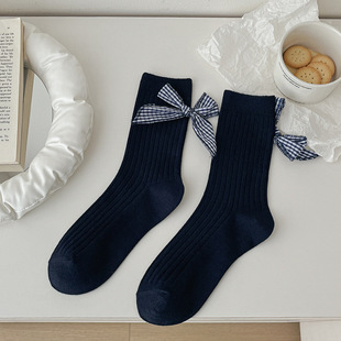 Miu Style Blue Style Stacked Socks Laced Socks Children's Bow Mid-length Socks Academic Style Japanese Style Plaid Cotton Socks