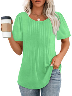 2025 Amazon Foreign Trade Loose European and American New Pleated Crewneck Short-sleeved T-shirt Women's Top Stripped Solid Color Women's Clothing