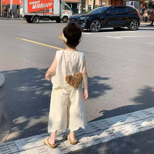77282 girls Korean style suit summer new female baby lace sleeveless vest casual wide leg pants two-piece set