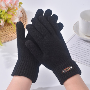 Student's Knitted Wool Touch Screen Gloves Men's Winter Warm Cold-proof Five-finger Men's Driving Anti-freeze Double-layer Thickened fleece-lined