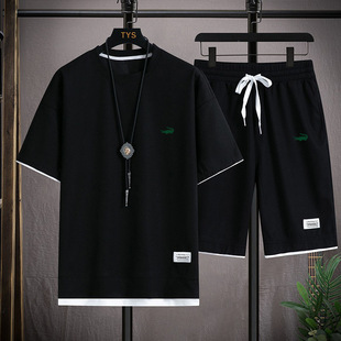 2023 waffle short sleeve t-shirt men's leisure sports suit wholesale summer loose fake two half sleeve t-shirt two