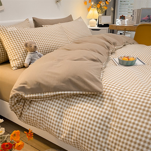 Pure color washed cotton four-piece cotton is style pure cotton striped bed sheet quilt cover student dormitory bedding set