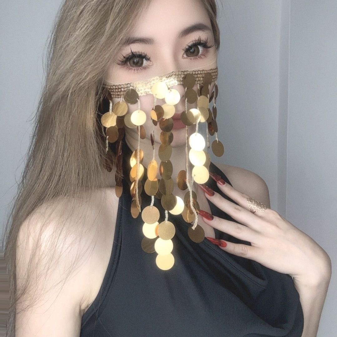 Belly Dance Super Fairy Mysterious Girl Face Curtain Covering Face Lace Exotic Dance Accessories Cos Tassel Veil
