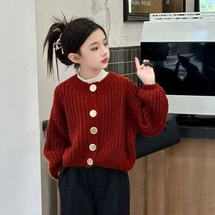 Girls' Sweater Coat Autumn and Winter 2025 New Girls' Red Knitted Children's Junior High School Cardigan Top