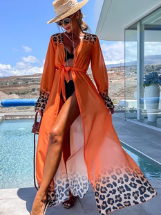 Cross-border Independent Station Summer Beach Dress Swimwear Sunscreen Blouse Sexy Leopard Print Strap Split Chiffon Cardigan