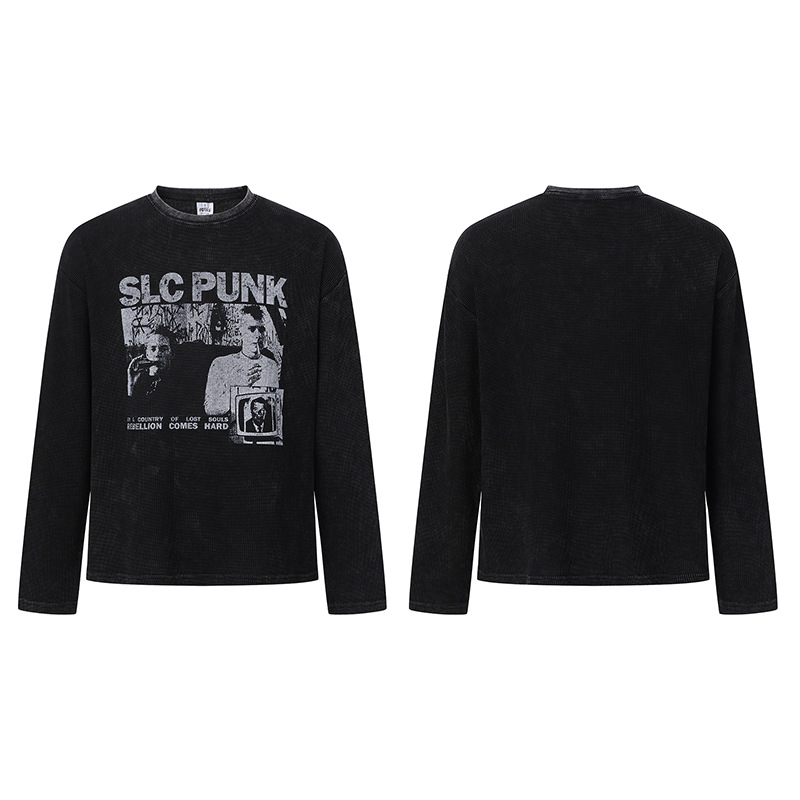 Nanxia American-Style Street Fashion Waffle-Pattern Visual Art Washed Vintage Archive High Street Loose Long-Sleeve T-Shirt