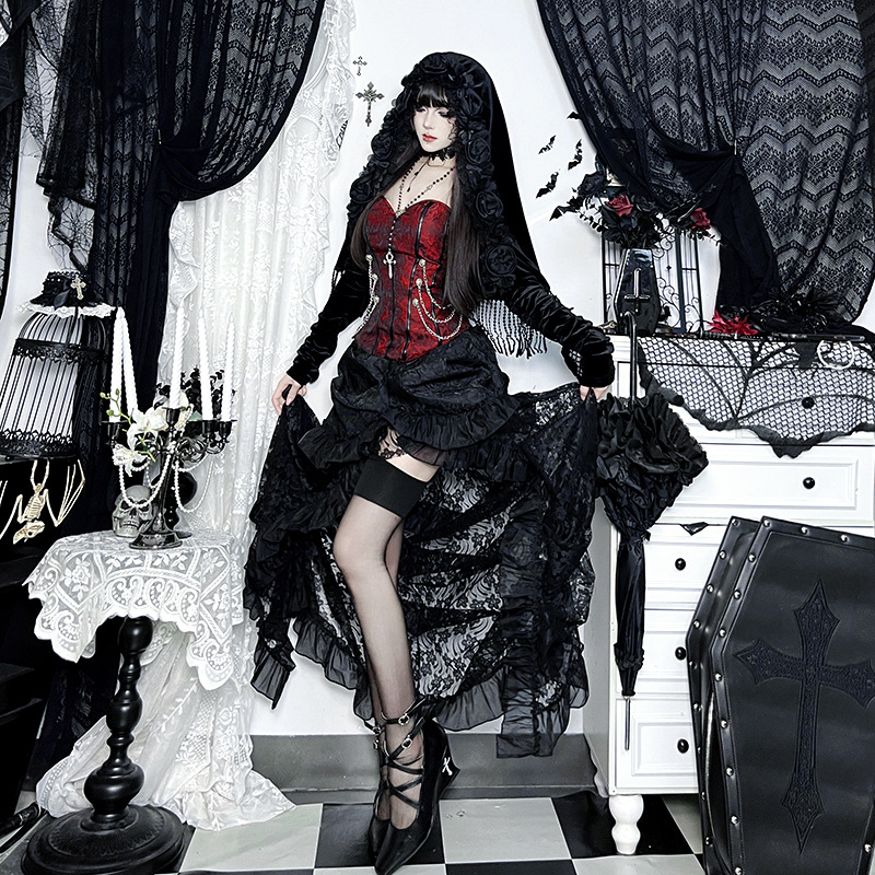 Xs25227 Dark Velvet Cape Top 2025 New Gothic Style Cos Halloween Retro Elegant Blouse