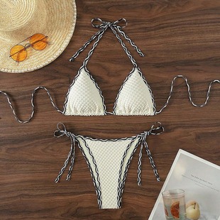 New Amazon Hot Foreign Trade European and American Fashion Solid Color Stitching Rope Lace Sexy Leaky Back Split Bikini Women