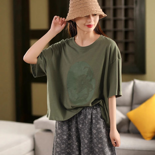 Short-sleeved T-shirt 2025 Summer New Retro Casual Round Neck Top Women's Simple Loose Slimming T-shirt 2586