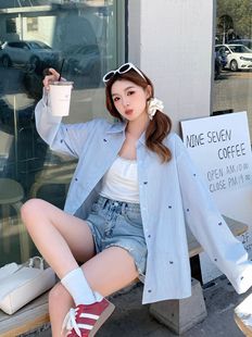 Blue Bow Embroidered Vertical Shirt Women's Spring and Summer Korean Style Laid-back Loose Thin Long-sleeved Shirt Top