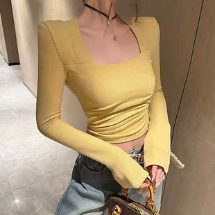 [Mu Si Double-sided Velvet] Square Collar Top Fashion All-match Slim Slim Long Sleeve Base Shirt Women's Purple Black