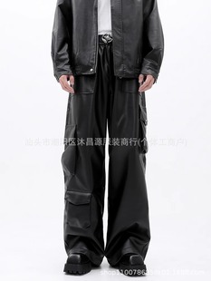 Hip Hop Retro Motorcycle Leather Pants Spring and Autumn New American Fashionable Loose High Street Sports Multi-Pocket Wide Leg Pants