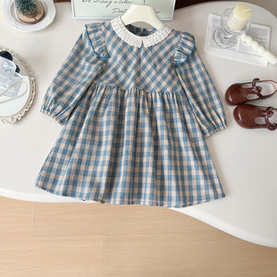 Children's Korean style dress 2024 autumn new girls plaid lace collar long sleeve dress style