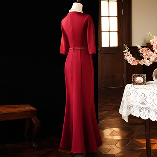 Mother's Wedding Dress 2024 New Long-sleeved wine red High-end Slim-fit Wedding Mother-in-law Dress Young