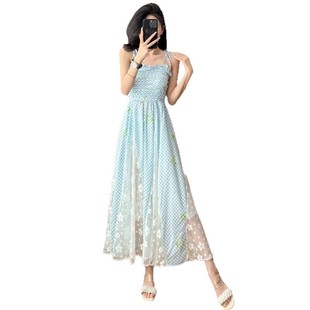 French Style Gentle Style Blue Plaid Sling dress Women's 2025 Summer New Slim-fit Elegant Long Skirt with Tight Waist