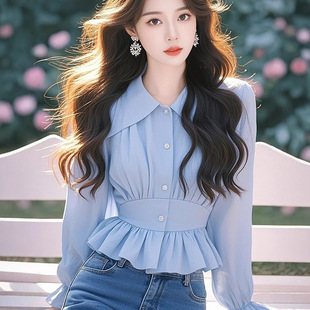 2025 Spring Lapel Single-breasted Waistline Slimming Long-sleeved Shirt Women's All-match Western-style Sweet No-bump Top