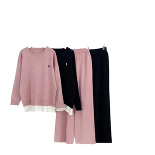 Fashion casual suit spring and autumn 2024 new Korean round neck long sleeve loose gray sweater wide leg pants two-piece set