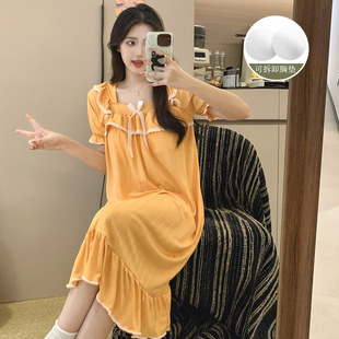 Summer Short-sleeved Mid-length Milk Silk Nightgown Women's Sweet and Comfortable Simple Solid Color Pit Stripe with Chest Pad Home Clothes