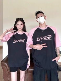 [Combed cotton compact] lovers T-shirt 2024 new short sleeve powder black raglan sleeves fashion brand high half sleeve