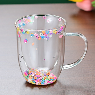 Household High-value Double-layer Glass Real Dried Flower Cup Heat-resistant Drinking Cup with Handle Milk Cup Tea Cup Coffee Cup