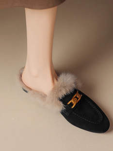 Mao Mao Shoes Women's Baotou Half-Drag Outwear 2024 New Soft Leather Warm Muller Shoes Winter Lazy Loafers plus size