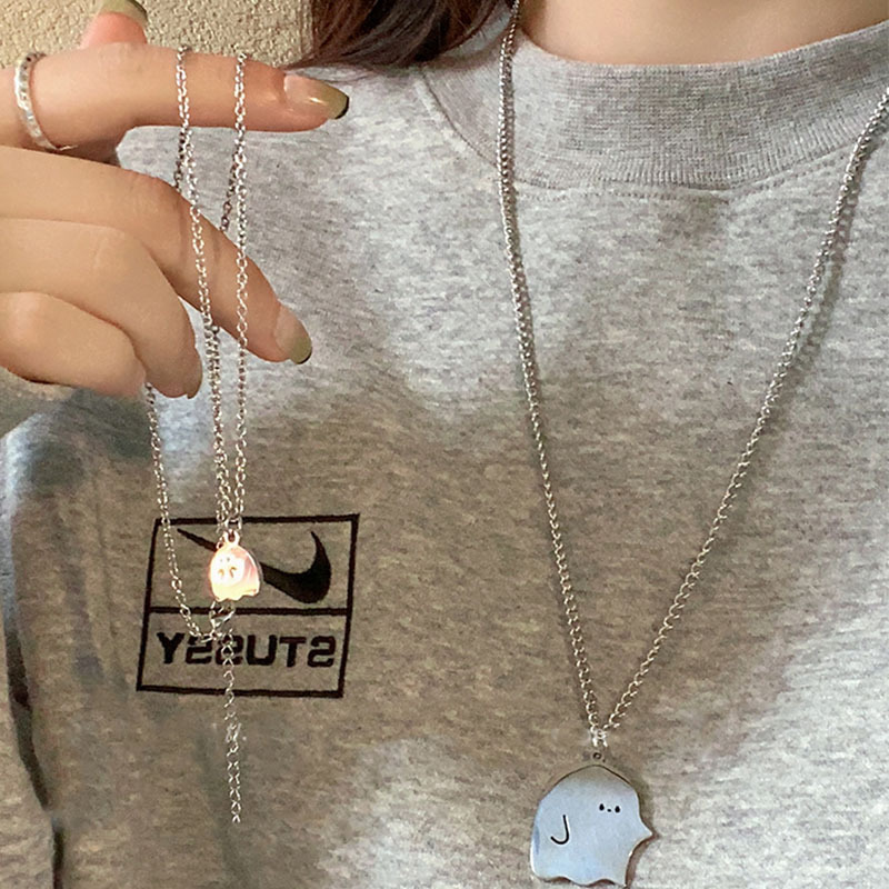 Ghost Little Monster Necklace Women's Simple Size Cute Tuan Couple Necklace Light Luxury Titanium Steel Long Woolen Chain