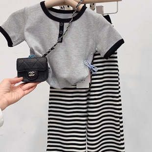 Korean Style Children's Wear 2024 Girls' Summer Casual Western Style Short-sleeved suit Children's Grey Striped Wide-leg Pants Two-piece Set