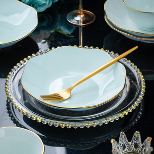 Gold painting lotus shadow celadon suit Jingdezhen ceramic tableware Bowl plate soup bowl high-end light luxury gift bone china