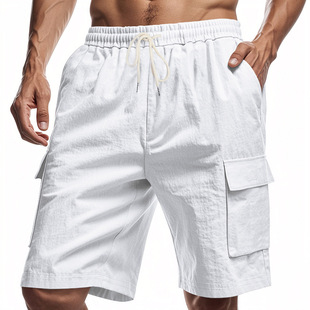 Cross-Border American Style Multi-Pocket Overalls Men's Outdoor Sports Casual Loose Solid Color Linen Overalls Shorts