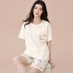 100% Cotton Pajamas Women's Summer Pure Cotton Thin Round Neck Short Sleeve Shorts Cute Summer Pure Cotton Home Clothes suit