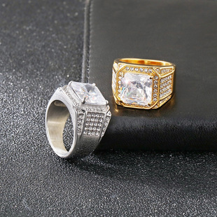 Cross-border Light Luxury Stainless Steel Men's Ring European and American Aggressive Gold Plated Inlay 3A Zircon Hip Hop Titanium Steel Men's Ring