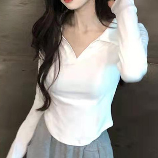 2023 Spring and Autumn new women's shoulder top sweet and spicy design slim fit undershirt French long sleeve T-shirt