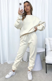 Cross-border European and American Autumn and Winter Solid Color Round Neck Pullover Trousers Women's WISH Casual Long Sleeve Sweat suit New Product